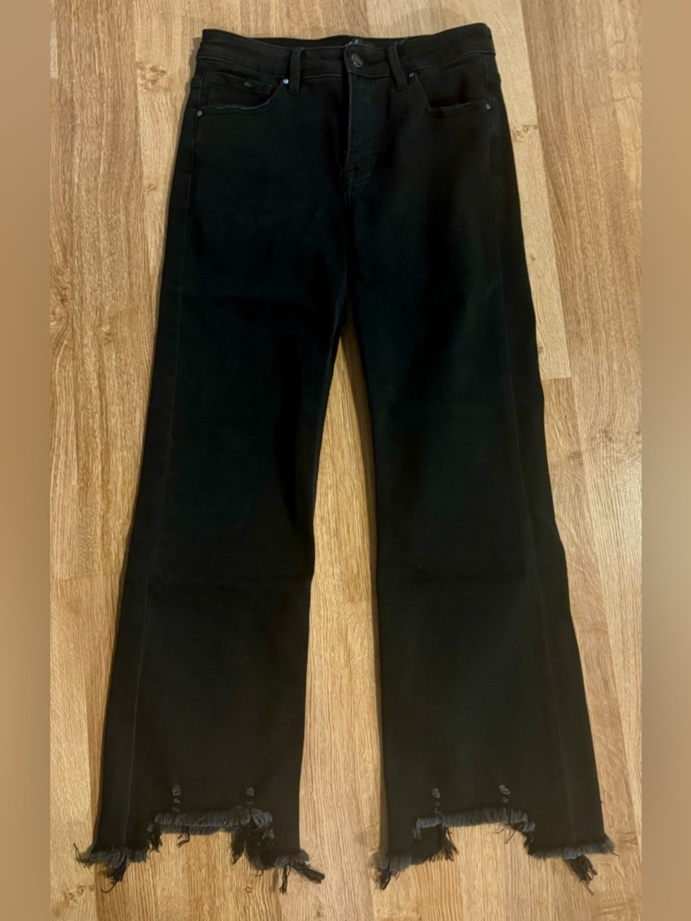 NWT Black Wide Leg Asymmetrical Raw Hem Flare Jeans Sz 7/28